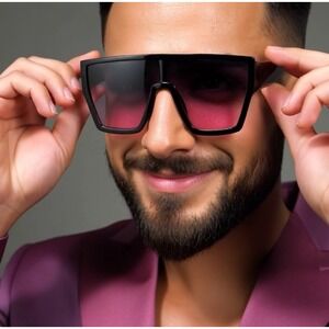 Oversized Square Sunglasses Men Black Pink Gradient Flat Shield‎ Fashion Eyewear